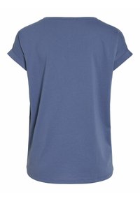 T-shirt bleu à manches courtes avec poignets retroussés vu de dos sur fond blanc.