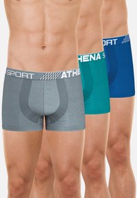 Boxer-briefs pour hommes en gris, turquoise et bleu, avec une ceinture de marque et un design à panneaux avant texturé. Tissu lisse avec un ajustement élastique.