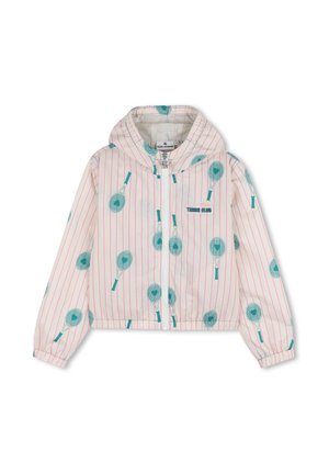 Veste à capuche blanche pour enfants, avec des rayures verticales roses et un motif de raquettes de tennis bleu sarcelle, fermeture éclair frontale et écusson "Tennis Club" sur la poitrine.