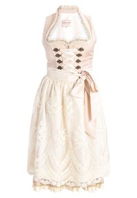Robe bavaroise traditionnelle beige avec corsage à lacets, tablier floral décoratif et grand nœud latéral.