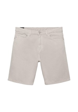 Béžové volnočasové šortky s předním knoflíkem, zapínáním na zip, poutky na opasek a dvěma předními kapsami, zobrazené na bílém pozadí.