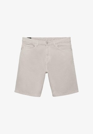 Béžové volnočasové šortky s předním knoflíkem, zapínáním na zip, poutky na opasek a dvěma předními kapsami, zobrazené na bílém pozadí.