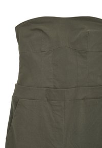 Olivgrüner, trägerloser Jumpsuit mit tailliertem Oberteil, subtilen Falten und seitlichen Taschen. Hergestellt aus leichtem, glattem Stoff.