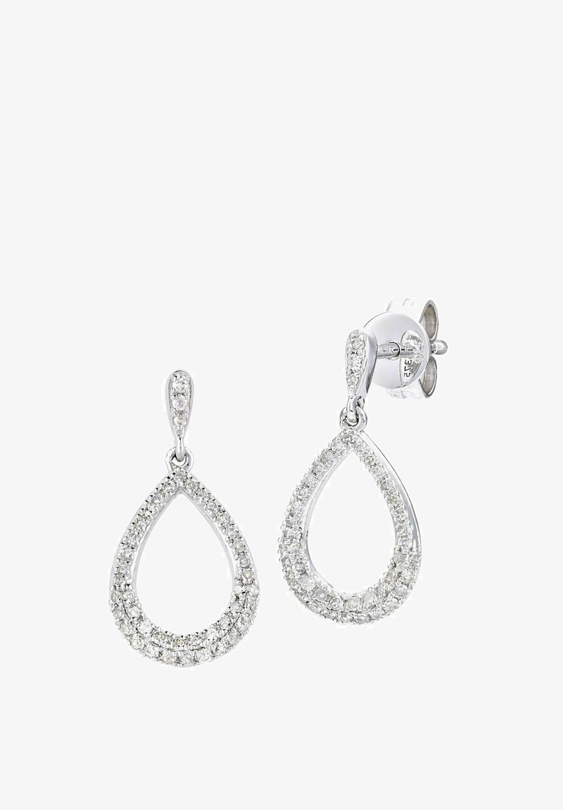 Sidabrinės spalvos lašiniai auskarai. Ašaros formos, puošti skaidriais kubiniais cirkoniais, turintys blizgantį paviršių ir saugų laikiklį.