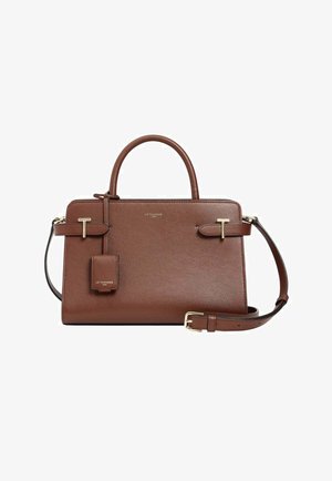 Brown leather handbag with gold hardware, dual top handles, a detachable shoulder strap, and tag. Textured surface with a structured shape.