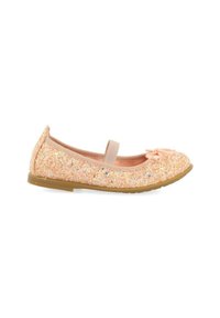 Zapato bailarina de material de purpurina rosa con tira elástica. Punta redonda y pequeño lazo en la parte delantera. Suela de goma flexible para mayor comodidad.