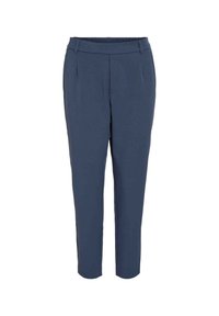 Pantalon bleu marine en tissu lisse, avec une ceinture élastique et des plis latéraux. Coupe fuselée, longueur raccourcie, sans poches visibles.