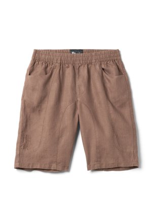 Bruine casual shorts met elastische taille, voorzakken en subtiele stiksel details, plat neergelegd op een witte achtergrond.