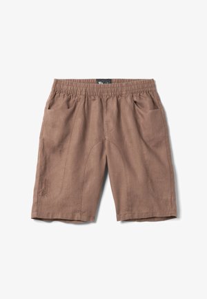 Bruine casual shorts met elastische taille, voorzakken en subtiele stiksel details, plat neergelegd op een witte achtergrond.