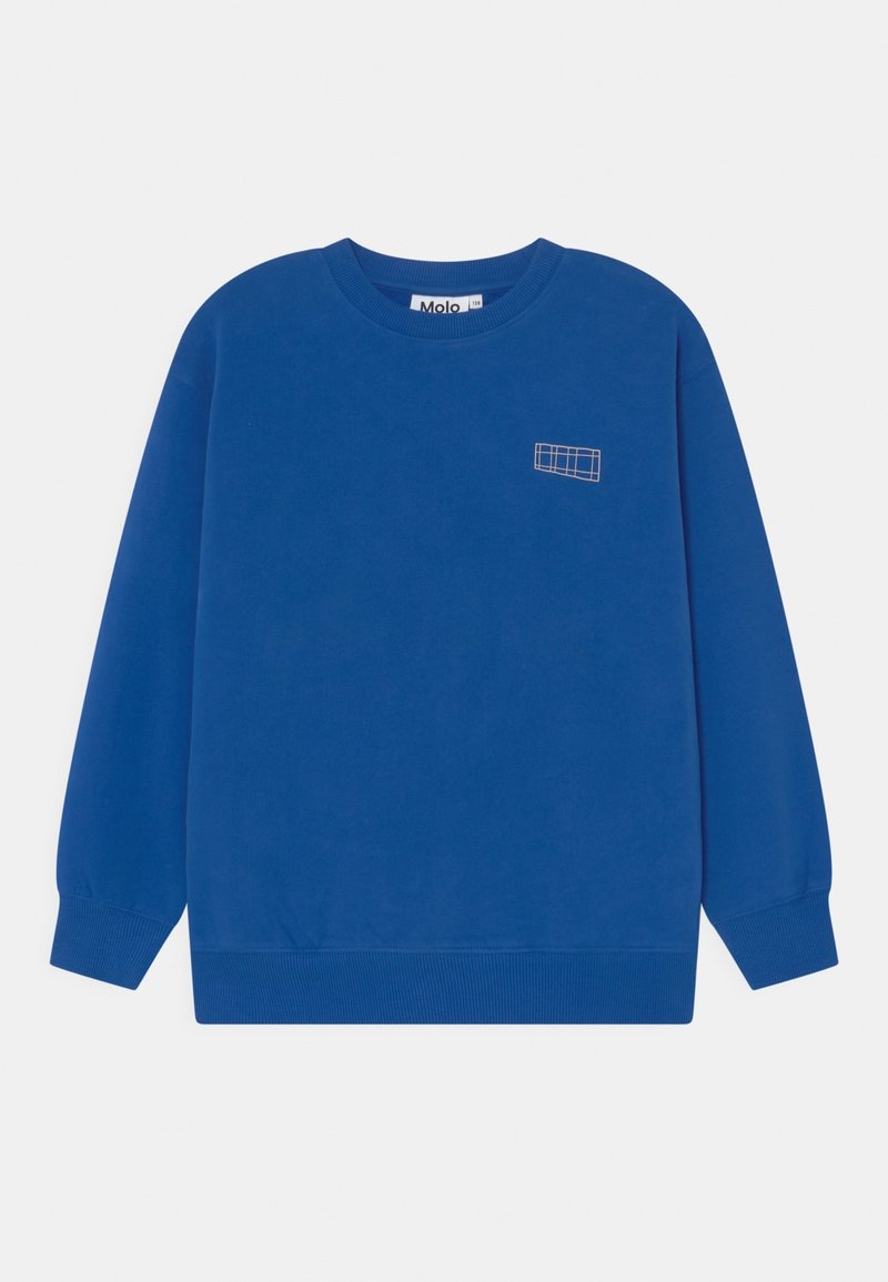 Sweat-shirt bleu à manches longues avec col rond, poignets et ourlet côtelés, présentant un petit motif en forme de grille sur le haut de la poitrine à gauche.