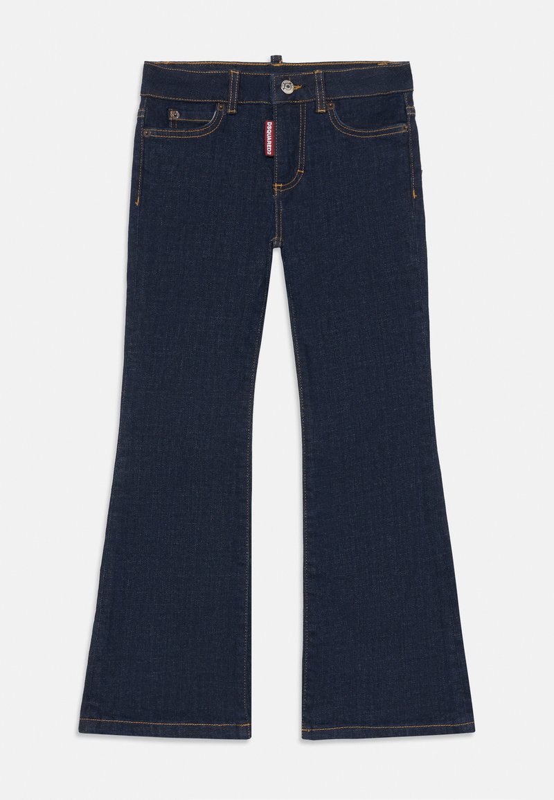 Mörkblå utsvängda jeans i denim med orange sömmar, femficksdesign, knäppning med knapp och bältesöglor i midjan.