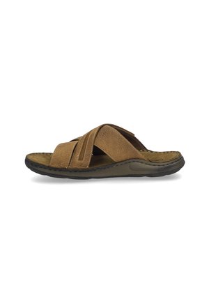 Brown leather slide sandal featuring crisscross straps, a textured design, and a cushioned footbed with a flexible rubber sole.