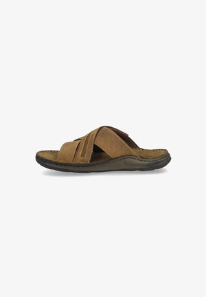 Brown leather slide sandal featuring crisscross straps, a textured design, and a cushioned footbed with a flexible rubber sole.