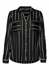 Black long-sleeve shirt with white vertical stripes, two chest pockets, and front button closure. Lightweight fabric with a smooth texture.