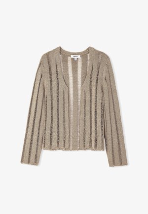 Beige knitted cardigan with vertical stripes, open front, and frayed edges. Long sleeves and a lightweight texture enhance breathability.