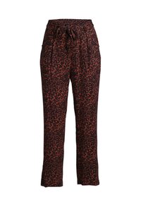Leopardprint broek met een relaxte fit, een trekkoord in de taille en twee zijzakken. De stof heeft een gladde textuur met een donkere basiskleur.