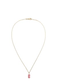 Collier en chaîne en or avec un pendentif en pierre précieuse rose ovale, monté sur un métal doré, avec une chaîne délicate et texturée.