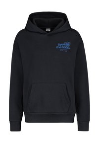 Schwarze Kapuzenjacke aus Baumwollmischung, mit einer Fronttasche, gerippten Bündchen und einem blauen Grafiketext auf der Brust, der "Eyes the hoop" liest.