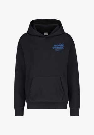 Schwarze Kapuzenjacke aus Baumwollmischung, mit einer Fronttasche, gerippten Bündchen und einem blauen Grafiketext auf der Brust, der "Eyes the hoop" liest.