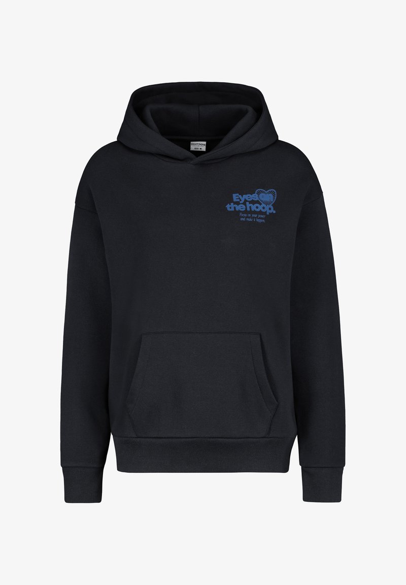 Schwarze Kapuzenjacke aus Baumwollmischung, mit einer Fronttasche, gerippten Bündchen und einem blauen Grafiketext auf der Brust, der "Eyes the hoop" liest.