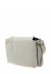 Grau melierte Stofftasche mit Reißverschluss, verstellbarem Träger und mehreren Fächern für eine organisierte Aufbewahrung.