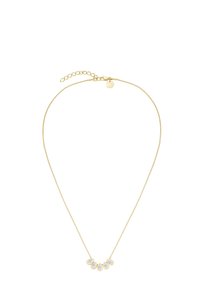 Collana d'oro con una sottile catena, caratterizzata da cinque gemme trasparenti a forma di pera incastonate in dettagli dorati, lunghezza regolabile con chiusura.