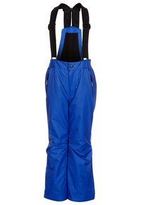 Blue snow pants with adjustable black suspenders, featuring zippered pockets and a smooth, waterproof texture. Designed for winter wear.