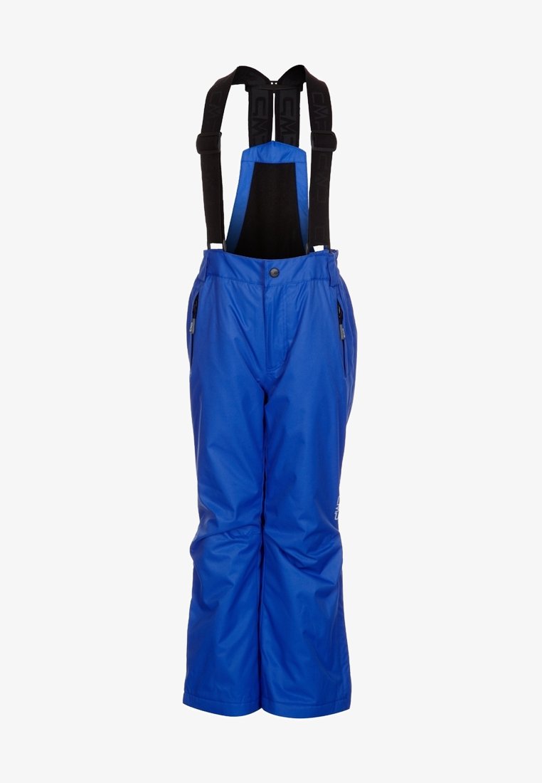 Blue snow pants with adjustable black suspenders, featuring zippered pockets and a smooth, waterproof texture. Designed for winter wear.