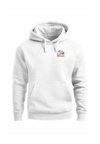 White hoodie with a kangaroo pocket, drawstring hood, and embroidered blue crocodile logo with an orange accent. Soft fabric texture.