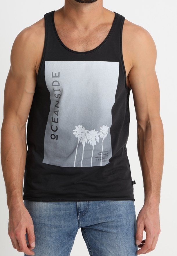 Canotta nera con grafica monocromatica di palme e la scritta "OCEANSIDE". Realizzata in tessuto morbido, design senza maniche e vestibilità regolare.
