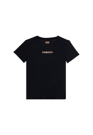 T-shirt nera a maniche corte realizzata in tessuto morbido, presenta un colletto rotondo e un logo frontale di colore rosa chiaro con la scritta "FREDDY."