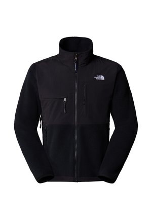 Black fleece jacket with nylon upper, high collar, full zip, left chest pocket, and logo on upper right. Textured fleece at lower half.