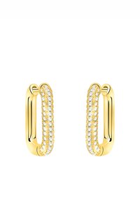 Guldtonede hooped earstuds med en glat finish, prydet med små klare sten langs den forreste kant, der viser et moderne design.