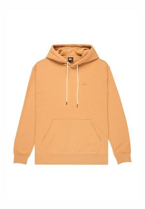 Kapuzensweatshirt in hellem Orange, aus weichem Material, mit einer Fronttasche, verstellbaren Kordeln und einem kleinen Logo auf der Brust.
