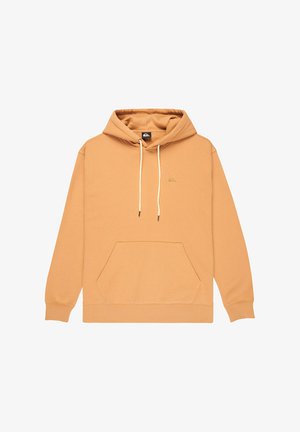 Kapuzensweatshirt in hellem Orange, aus weichem Material, mit einer Fronttasche, verstellbaren Kordeln und einem kleinen Logo auf der Brust.