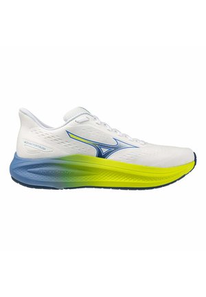 Zapatilla blanca para correr con suela en degradado azul y amarillo, logotipo azul de Mizuno y texto "Mizuno Fortrush" en el lateral.