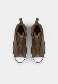 Brown high-top sneakers featuring a smooth material, white rubber toe cap, and textured brown interior, with visible laces and looped heel tabs.