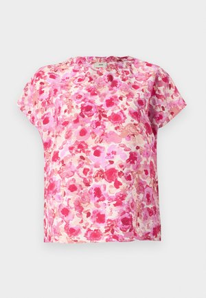 Top corto a maniche corte con motivo floreale in tonalità di rosa e corallo, caratterizzato da una vestibilità ampia, scollo rotondo e tessuto morbido con un motivo acquerello.