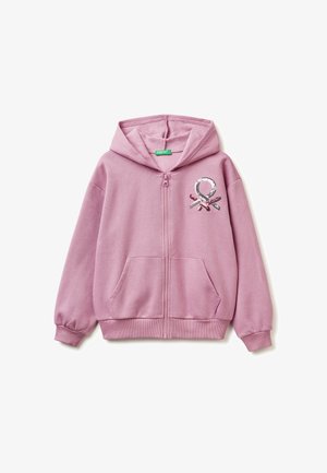 Sudadera rosa con cremallera, fabricada en mezcla de algodón, que cuenta con un bolsillo frontal, puños acanalados y un logo embellecido en el pecho con lentejuelas.