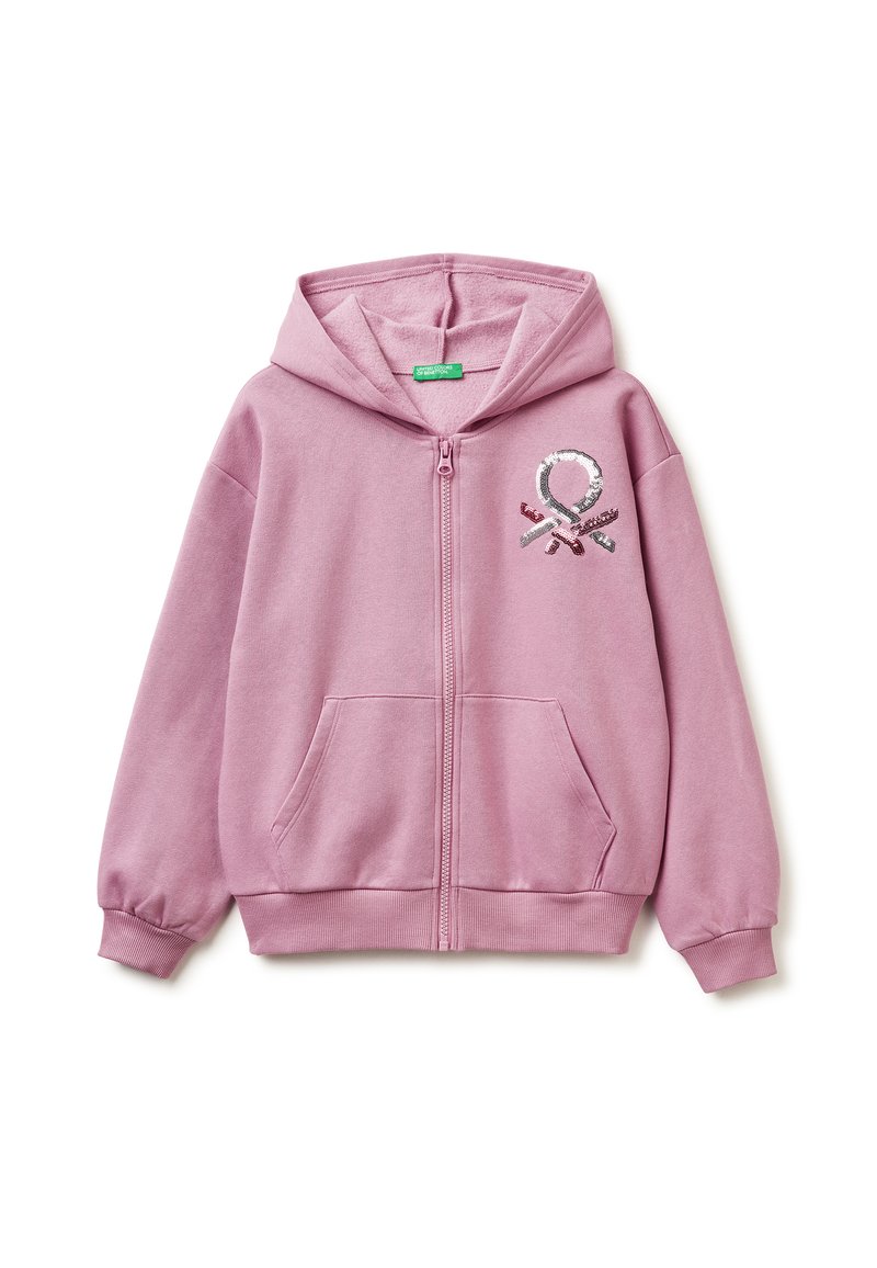 Sudadera rosa con cremallera, fabricada en mezcla de algodón, que cuenta con un bolsillo frontal, puños acanalados y un logo embellecido en el pecho con lentejuelas.