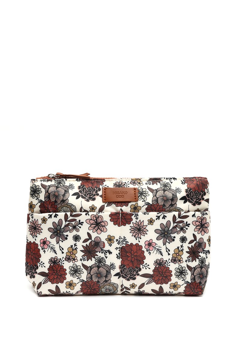 Pochette à motif floral en crème avec des fleurs rouges, noires et roses. Elle possède une étiquette en cuir et une fermeture éclair, avec un extérieur en textile doux.
