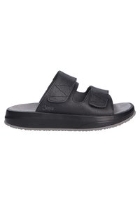 Sandale noire à talon plat avec deux sangles ajustables, tige en cuir texturé, semelle intérieure rembourrée et semelle en caoutchouc épaisse pour un bon soutien.
