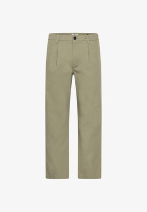 Pantalones de algodón color caqui con un ajuste relajado, que cuentan con dos bolsillos delanteros, un cierre de un solo botón y una pretina texturizada para mayor comodidad.