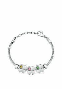 Bracciale in argento con quattro anelli a forma di quadrifogli, arricchito da gemme gialle, rosa e verdi. Presenta una chiusura a catena.