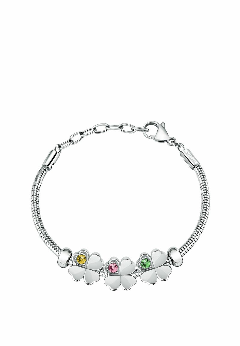 Bracciale in argento con quattro anelli a forma di quadrifogli, arricchito da gemme gialle, rosa e verdi. Presenta una chiusura a catena.