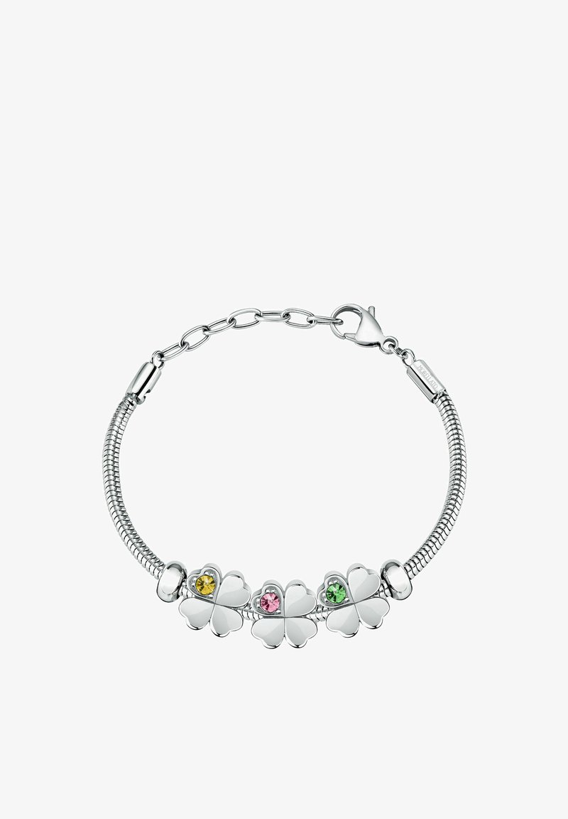 Bracciale in argento con quattro anelli a forma di quadrifogli, arricchito da gemme gialle, rosa e verdi. Presenta una chiusura a catena.