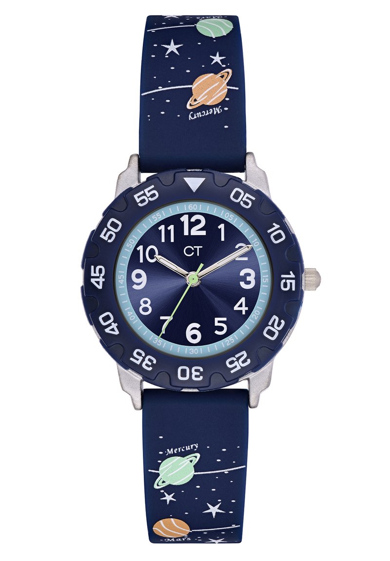 Marineblaue Silikon-Uhr mit planetarischem Armband. Das runde Zifferblatt verfügt über weiße Ziffern, einen grünen Stundenzeiger und eine silberne Lünette.