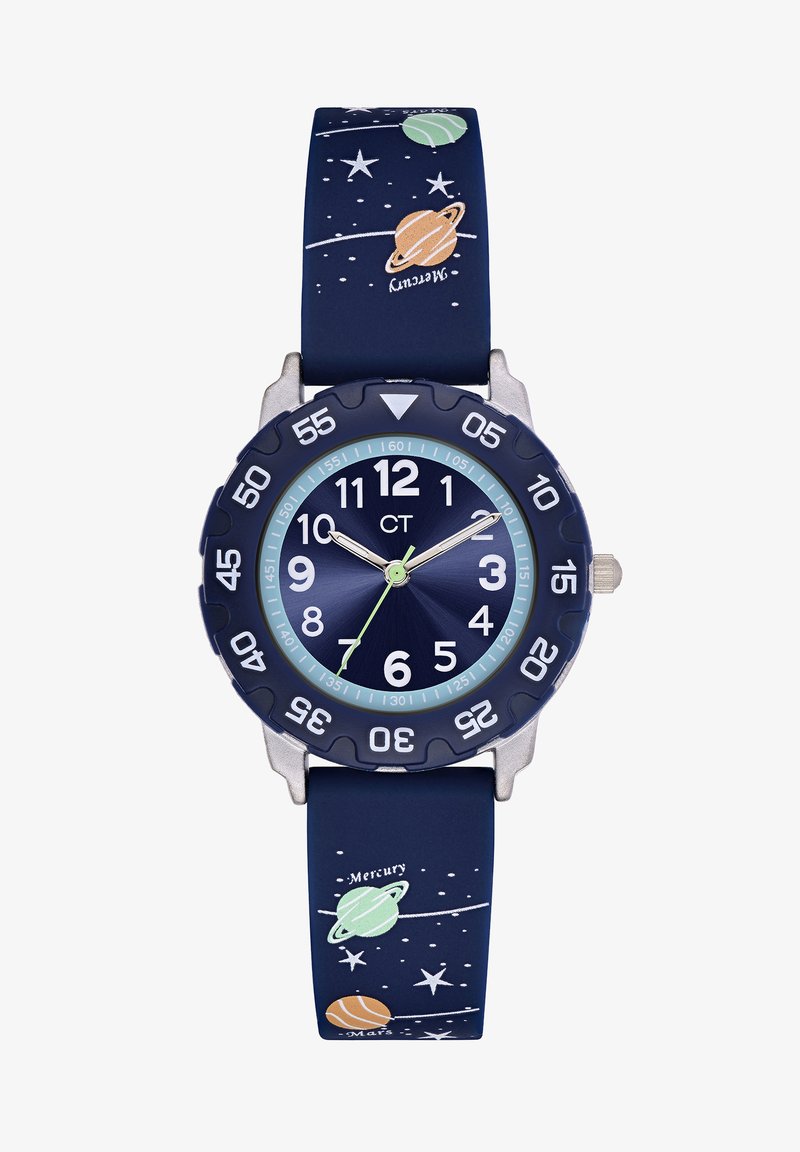 Marineblå silikoneur med planet-tema rem. Rund urskive med hvide tal, grøn timeviser og sølv bezel.