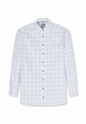 Weißes Hemd mit langen Ärmeln und Knopfleiste, mit blauem und schwarzem Karomuster, Kentkragen, Brusttasche vorne und schwarzen Knöpfen in der Mitte.