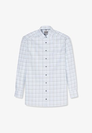 Witte blouse met lange mouwen en knopen, met een blauw-zwart ruitpatroon, een brede kraag, een borstzakje en zwarte knopen aan de voorkant.